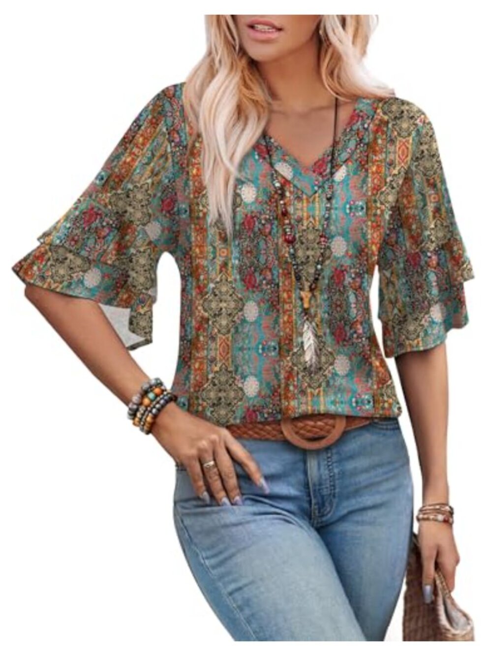 Womens 3/4 Sleeve V Neck Bell Sleeve Blouse Boho Casual Top